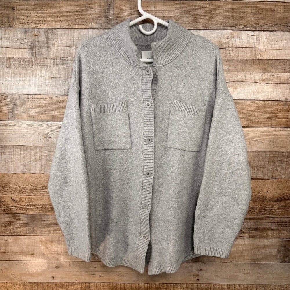 Aerie Unreal Button Down Cardigan Grey Heather Knit Sweater Mock Neck M